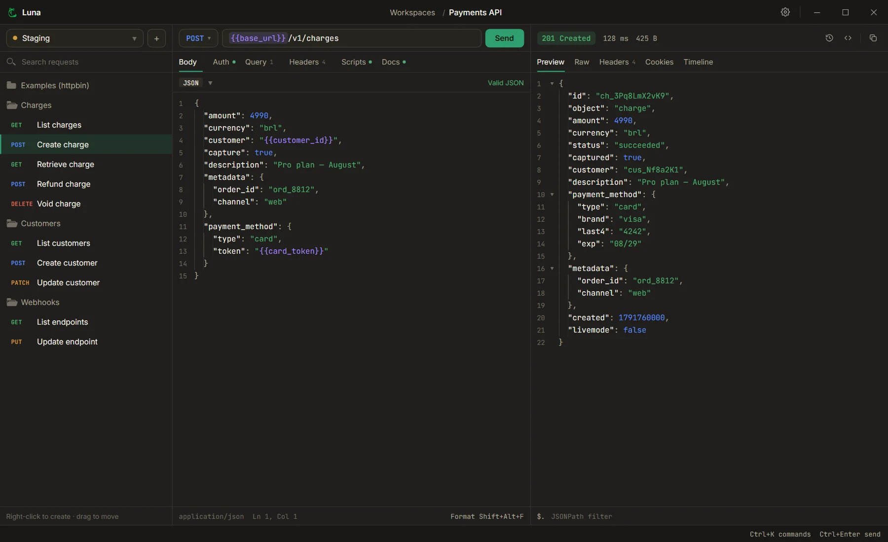 Luna with a POST request on the left and a 201 Created JSON response on the right